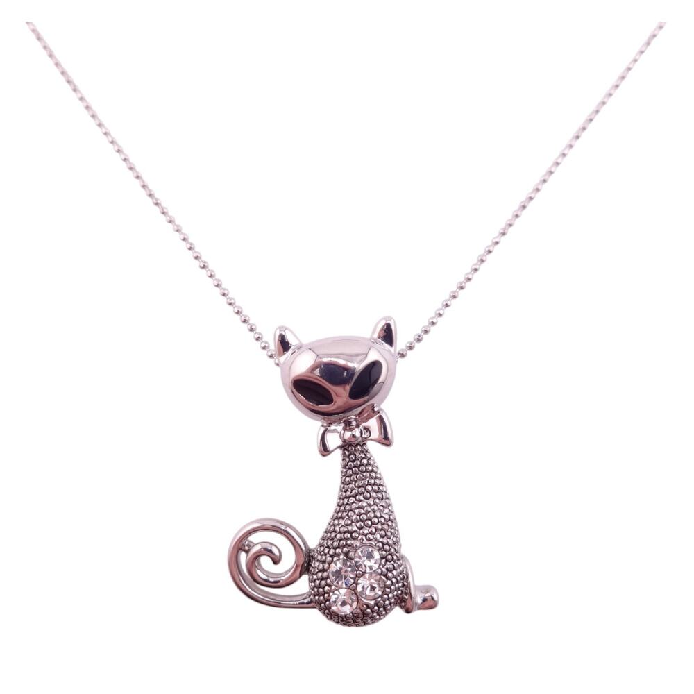 Shag Wear Womens Silvertone Cat with Bow Tie and Crystals Necklace NWT